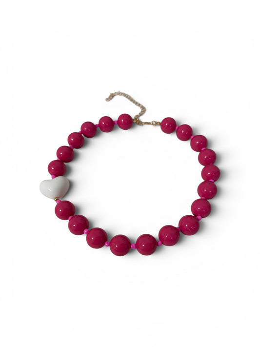 Rose Red + White heart Necklace