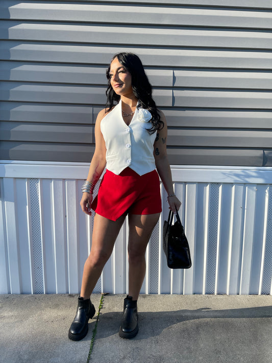 Red irregular zip-up skort