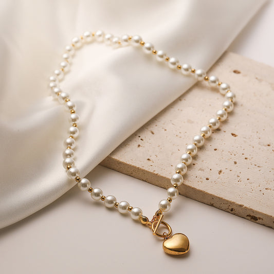 Wholesale Stainless steel heart shape & pearl necklace